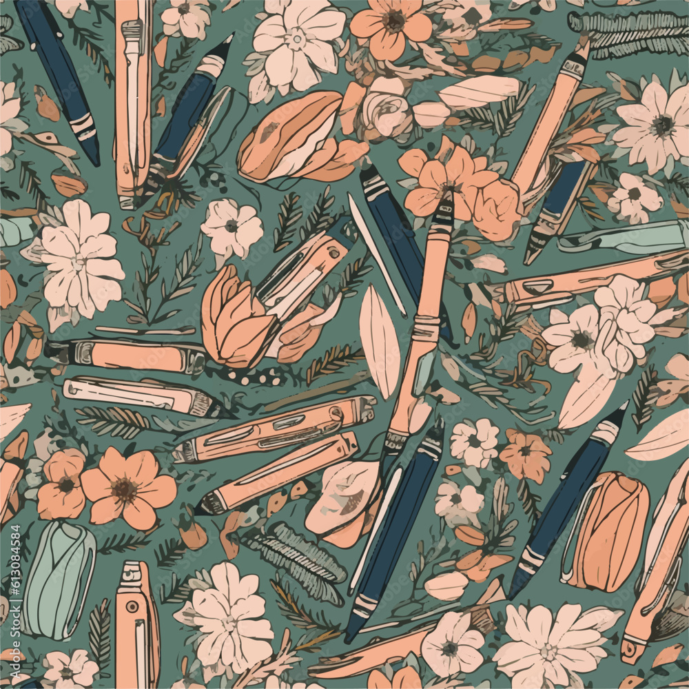 Hand drawn pattern background with office supplies with muted color theme Hand drawn pattern background with office supplies with muted color theme
