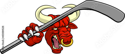 A bull or Minotaur monster longhorn cow angry mean ice hockey mascot cartoon character. photo