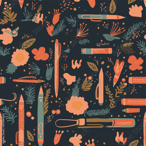 Hand drawn pattern background with office supplies with muted color theme