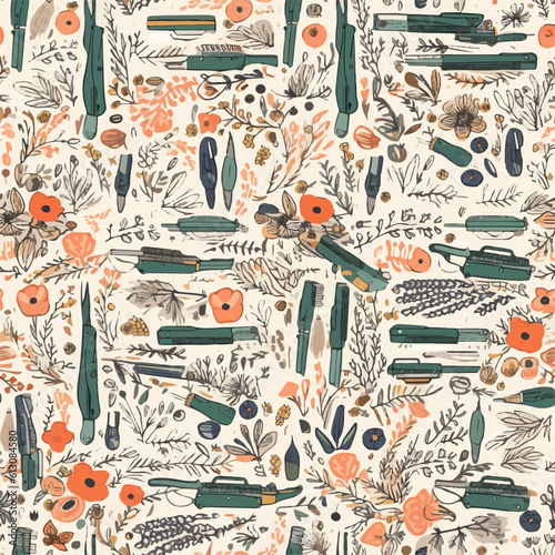 Hand drawn pattern background with office supplies with muted color theme