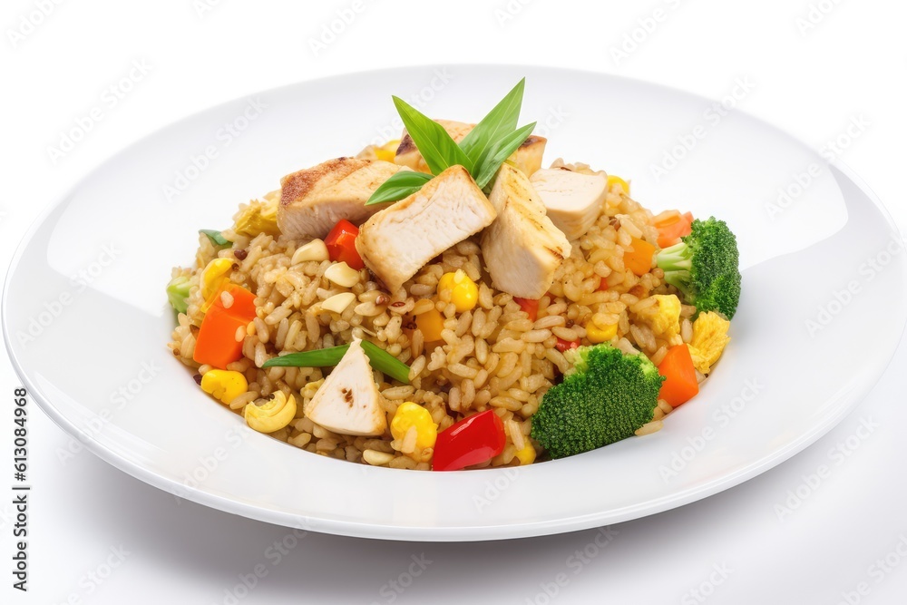 Fried Rice with Chicken Meat, Diced Tofu, Fried Vegetable Rice, Abstract Generative AI Illustration