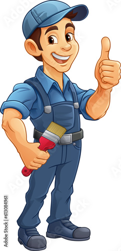 A painter decorator handyman cartoon construction man mascot character holding a paint brush tool