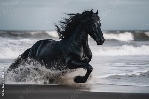 Black Horse in Wild, Running Stallion by Seaside, Abstract Generative AI Illustration