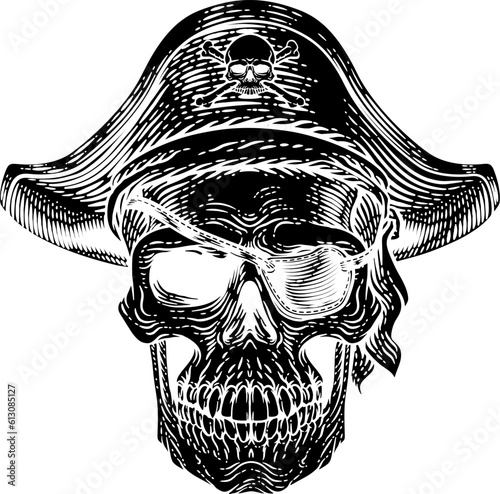 Pirate skull skeleton grim reaper mascot in pirates captain hat and eyepatch. Original illustration in a vintage retro woodcut etching style.