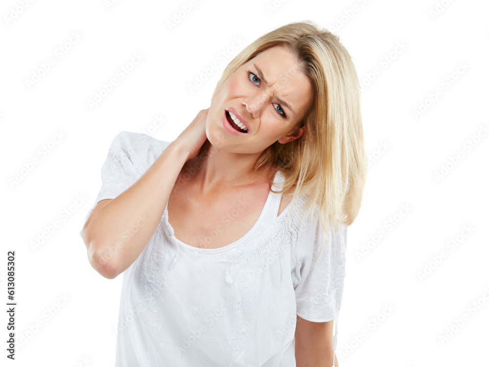 Frustrated, neck pain and portrait of woman in stress or depression isolated on a transparent PNG background. Anxious female person with injury, inflammation or mental health problems from anxiety Frustrated, neck pain and portrait of woman in stress or depression isolated on a transparent PNG background. Anxious female person with injury, inflammation or mental health problems from anxiety