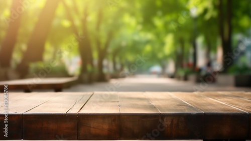Empty Wooden Table Blurred City Park, Generative AI 