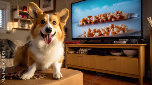 corgi Dog with popcorn preparing to watch TV, leisure. generated ai.