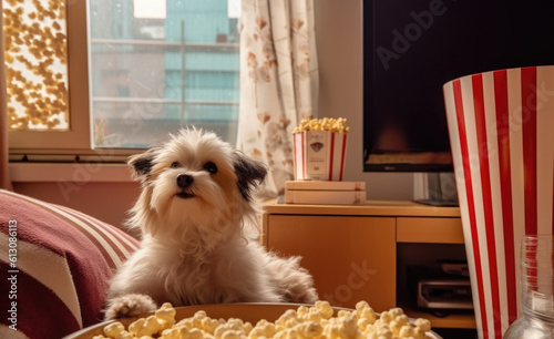 Dog with popcorn preparing to watch TV, leisure. House generated ai. photo