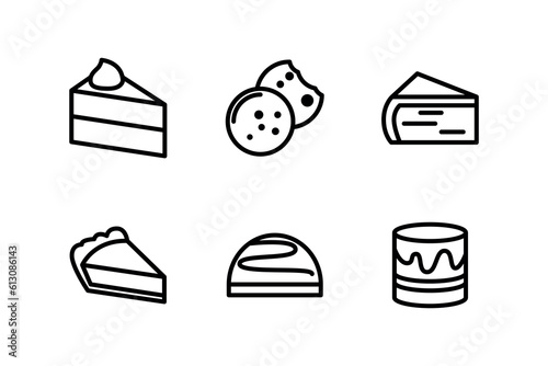 Cakes and cookies related pixel perfect icons set with various desserts and bakery items.