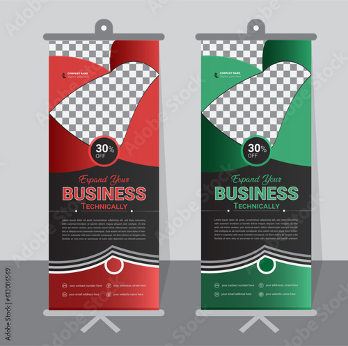 Business roll up banner design, Modern roll up banner design template, Roll up banner design of red, green and black color, Official roll up banner design, Corporate roll up banner template.
