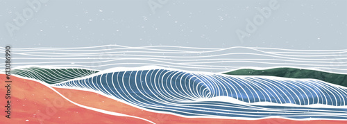 Ocean wave and mountains illustration. Creative minimalist modern art painting and line art pattern. Abstract contemporary aesthetic backgrounds landscapes. with sea, skyline, ocean wave