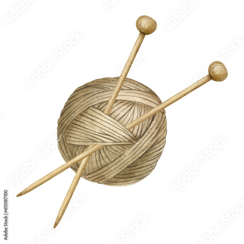 Yarn ball and knitting needles. Wooden knitting needles, balls of wool, skeins of yarn.Watercolor illustration drawn by hands. Isolated.For product packaging design, knitter blog,needlework store