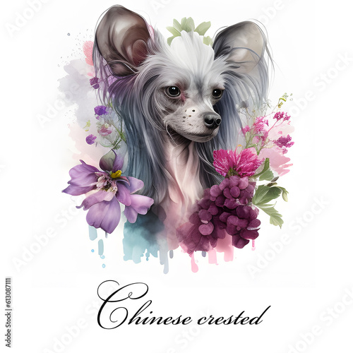 Watercolor illustration of a single dog breed chinese crested with flowers. AI generated. Dog portrait. photo