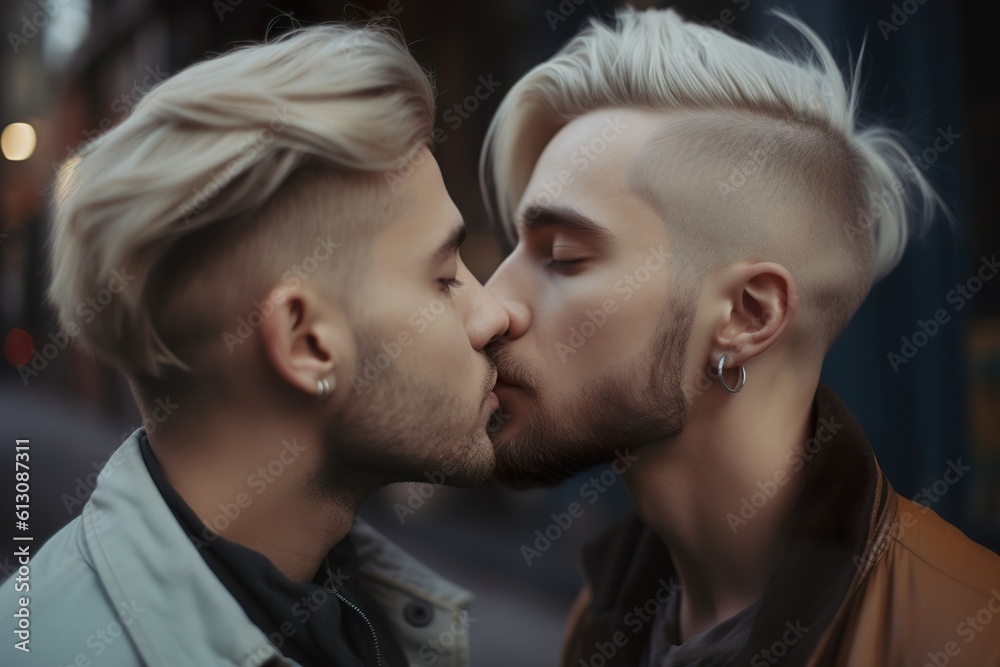 Two young men spending time together, kissing. LGBT, gay couple, relationship. Diversity, homosexuality. Partners with non-traditional sexual orientation. Sensual moment. Generative AI.