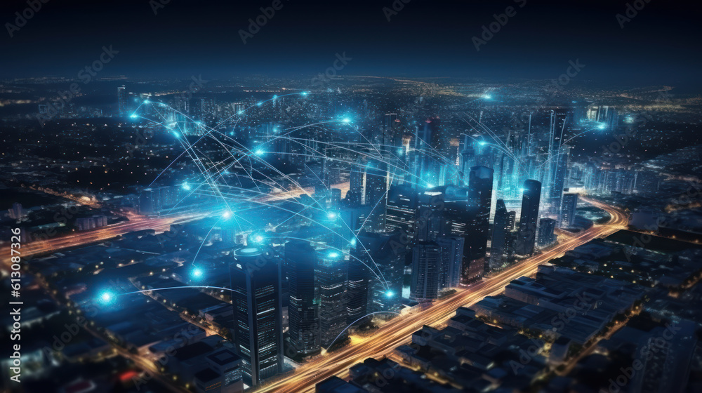 AI-driven robot symbolizing modern urban landscape and connected communication network AI-driven robot symbolizing modern urban landscape and connected communication network