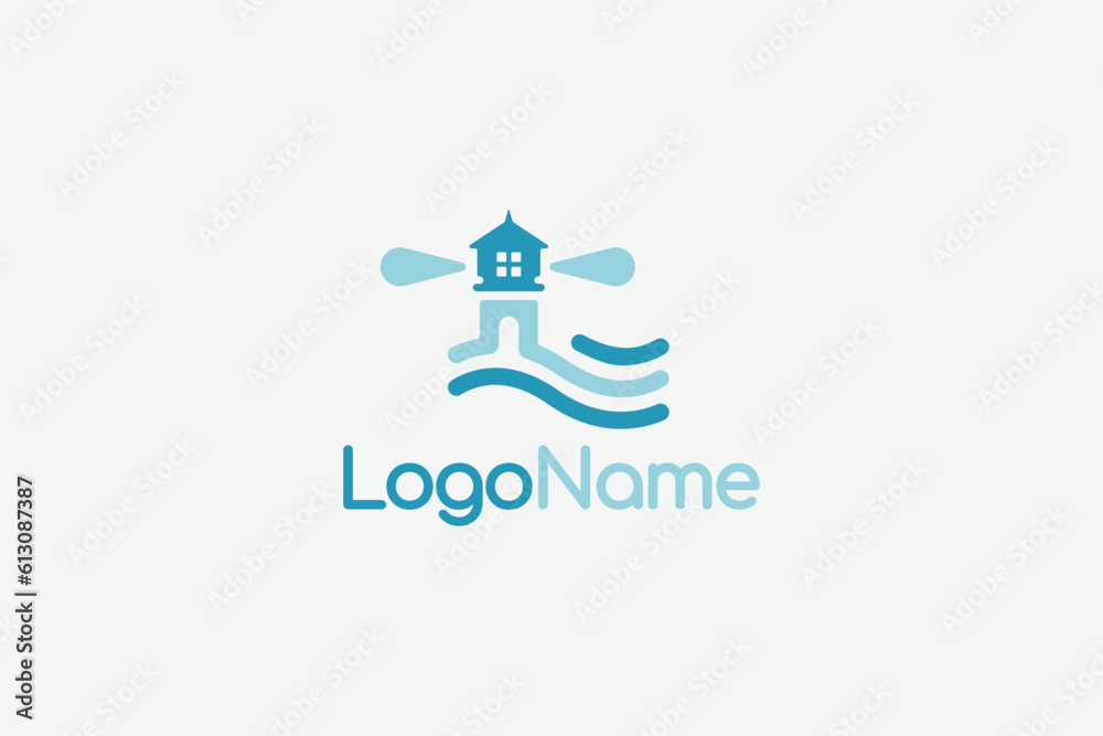 Logo design of a lighthouse shaped like a house. 