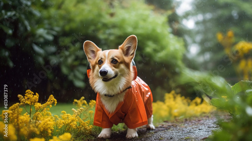 A stylish Corgi braves the rain, sporting a cute raincoat while enjoying the outdoors, capturing resilience and fashion-forward pet accessories. generated ai.