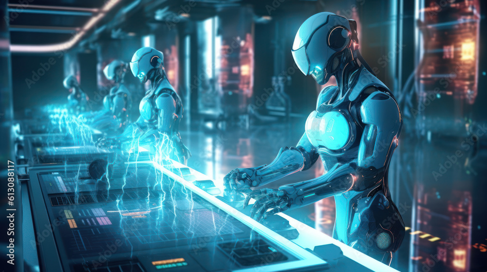 Futuristic AI-driven robot coordinates global network via holographic interaction, showcasing neural processing Futuristic AI-driven robot coordinates global network via holographic interaction, showcasing neural processing