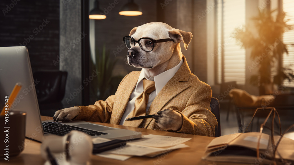 The dog is dressed in a businessman costume, cool and stylish, an