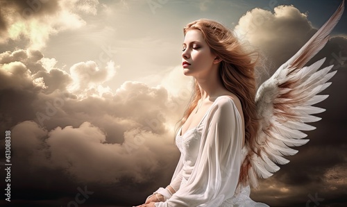 A divine female angel in a white flowing gown in heaven. Creating using generative AI tools