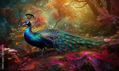 A fantasy world where a beautiful peacock roams with its colorful plumage. Creating using generative AI tools