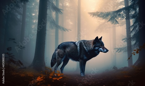Awe-inspiring misty forest with a wolf silhouette Creating using generative AI tools