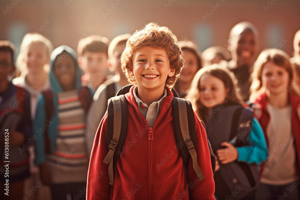 Fototapeta premium Happy boy at school with his classmates in the background