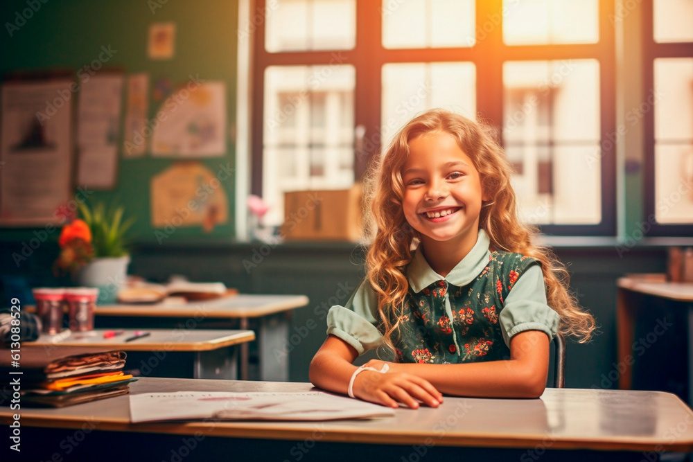 Photo & Art Print Cute little girl sitting at the desk in her class, Victor