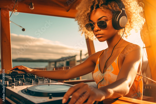 Attractive dj playing music in a beach bar in summer