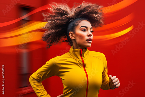 Woman with afro hair running against a red background