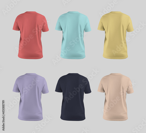 Mockup of bright sports t-shirts 3D rendering, men's shirt, product photography for design, brand, commerce, back view. Set