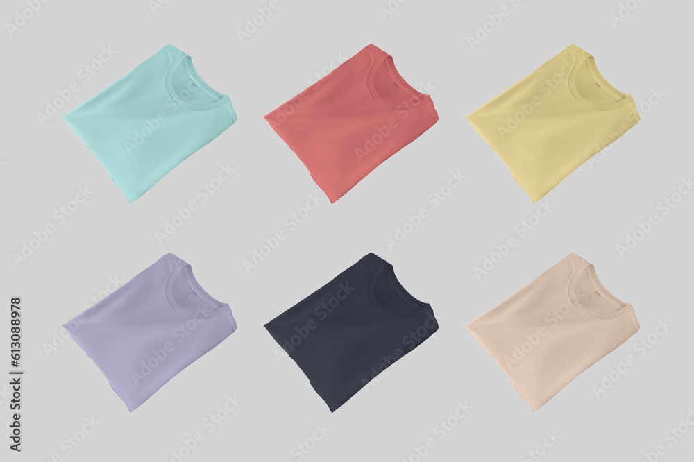 Mockup of bright diagonally folded t-shirts, shirt with label, for design, branding, commerce, front view. Set