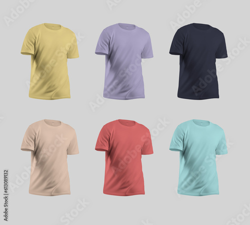 Mockup of colored men's t-shirts 3D rendering, sportswear, product photography for design, pattern, brand, commerce. Set