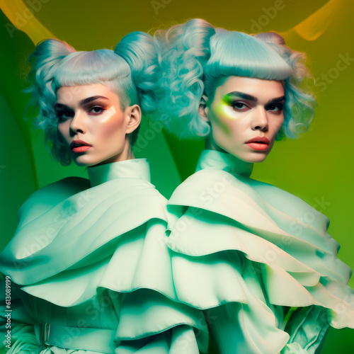 Pastel Green Delight: Two Gorgeous Models in Green Hair and Dresses Pose in a Green Studio. Generative AI