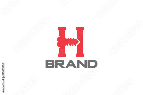 Creative logo design designated to construction company or workshop. This logo design depicts the letter H with a screw in the center. 
