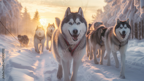 A pack of powerful huskies gracefully pulls a sled through the breathtaking snowy landscapes of Alaska. dawn generated ai. © Valeriia
