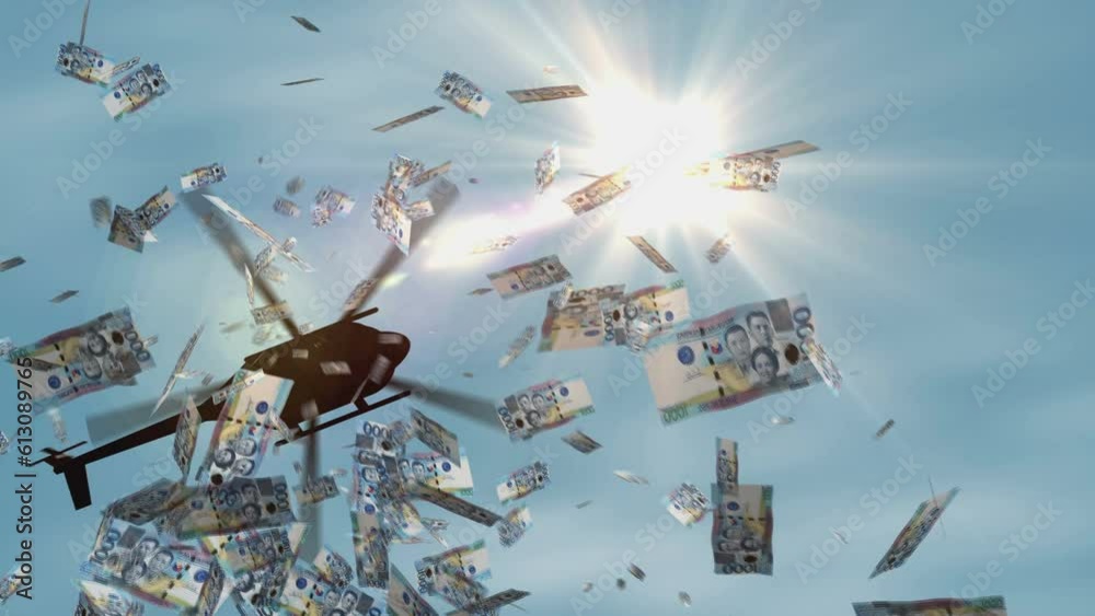 Philippines Peso banknotes helicopter money dropping. Philippine Pesos PHP notes abstract 3d concept of inflation, money printing, finance, economy, crisis and quantitative easing.