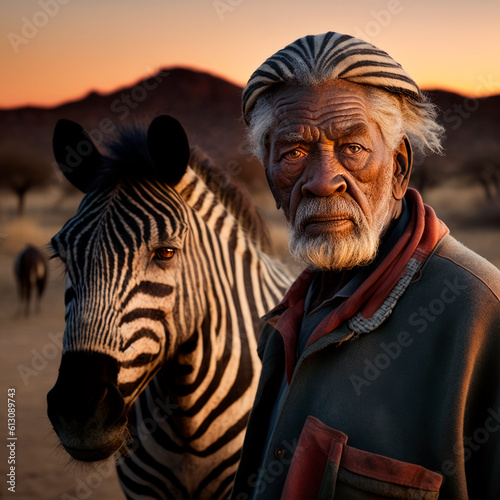 African Elder with Striped Hair and Beards Stands Beside a Zebra in Desert. Generative Ai
