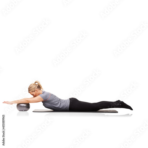 Ball, exercise and woman training for health, wellness and core strength isolated in a transparent or png background. Sit ups, energy and healthy female person or athlete workout for fitness or sport