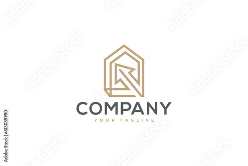 Creative logo design depicting a house with an arrow in the negative space,designated to the real estate industry.