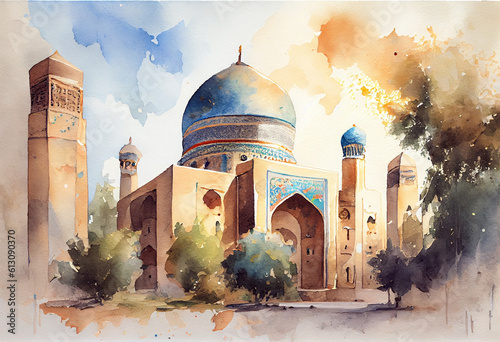 Uzbekistan architecture, fine art watercolor. AI generative content photo