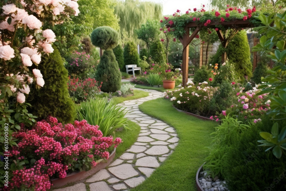 Flower beds paths backyard. Generate Ai Flower beds paths backyard. Generate Ai