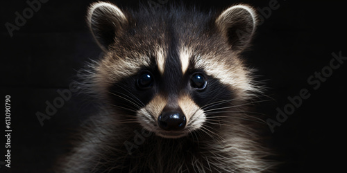 Young Raccoon standing in front and facing, Looking at the camera isolated on black background, generative ai