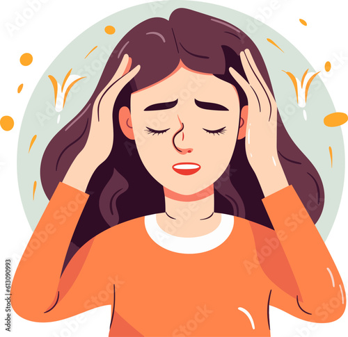 Girl headache flat design vector illustration.
