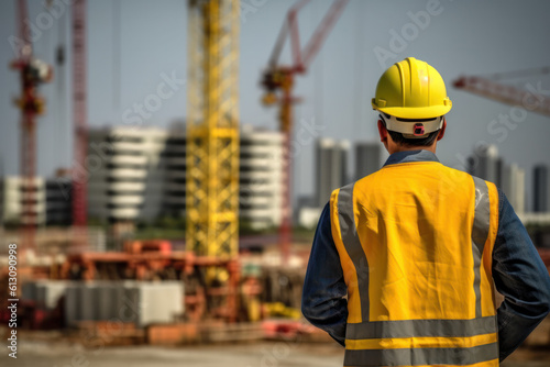 builder or foreman in hardhat and life jacket at construction site with crane and sun flare. Generative AI