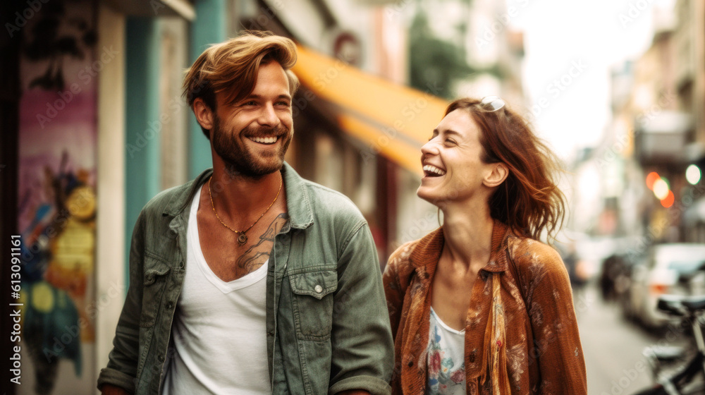 Berlin's vibrant streets, a backdrop for a radiant couple, their laughter echoing the city's spirit, a perfect summer day captured. Street Photography. Generative AI