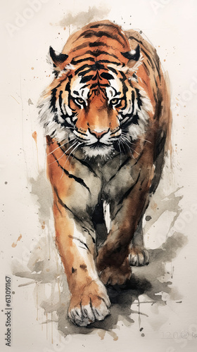 Bengal tiger, Japanese sumi-e ink and watercolour style painting. Front view portrait of a walking animal. Generative AI.