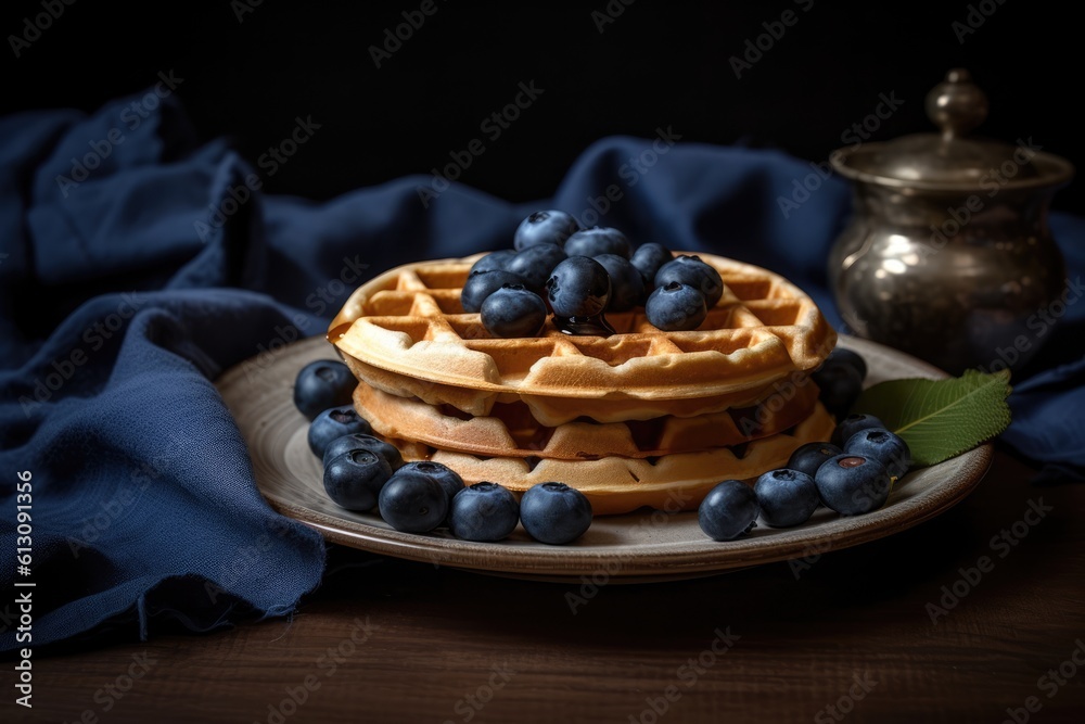 Freshly baked waffles with blueberries on plate, morning breakfast. Generative AI