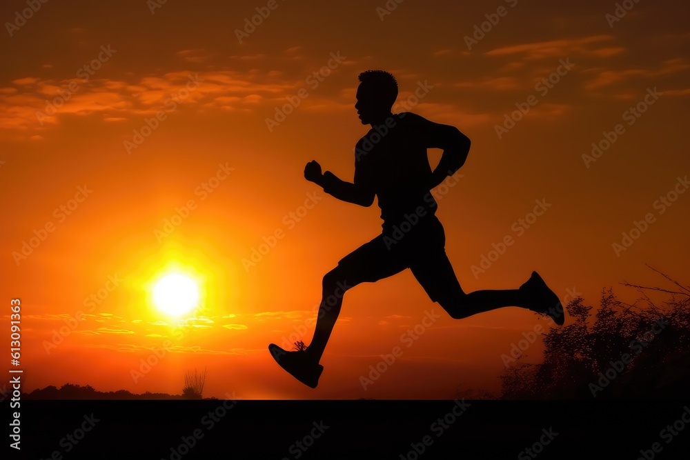 Silhouette of a man sprinting at sunset. Generative AI