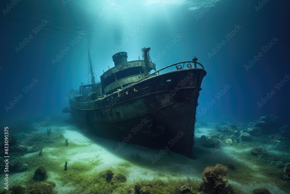 Sunken ship at the bottom of the ocean Sunken ship at the bottom of the ocean